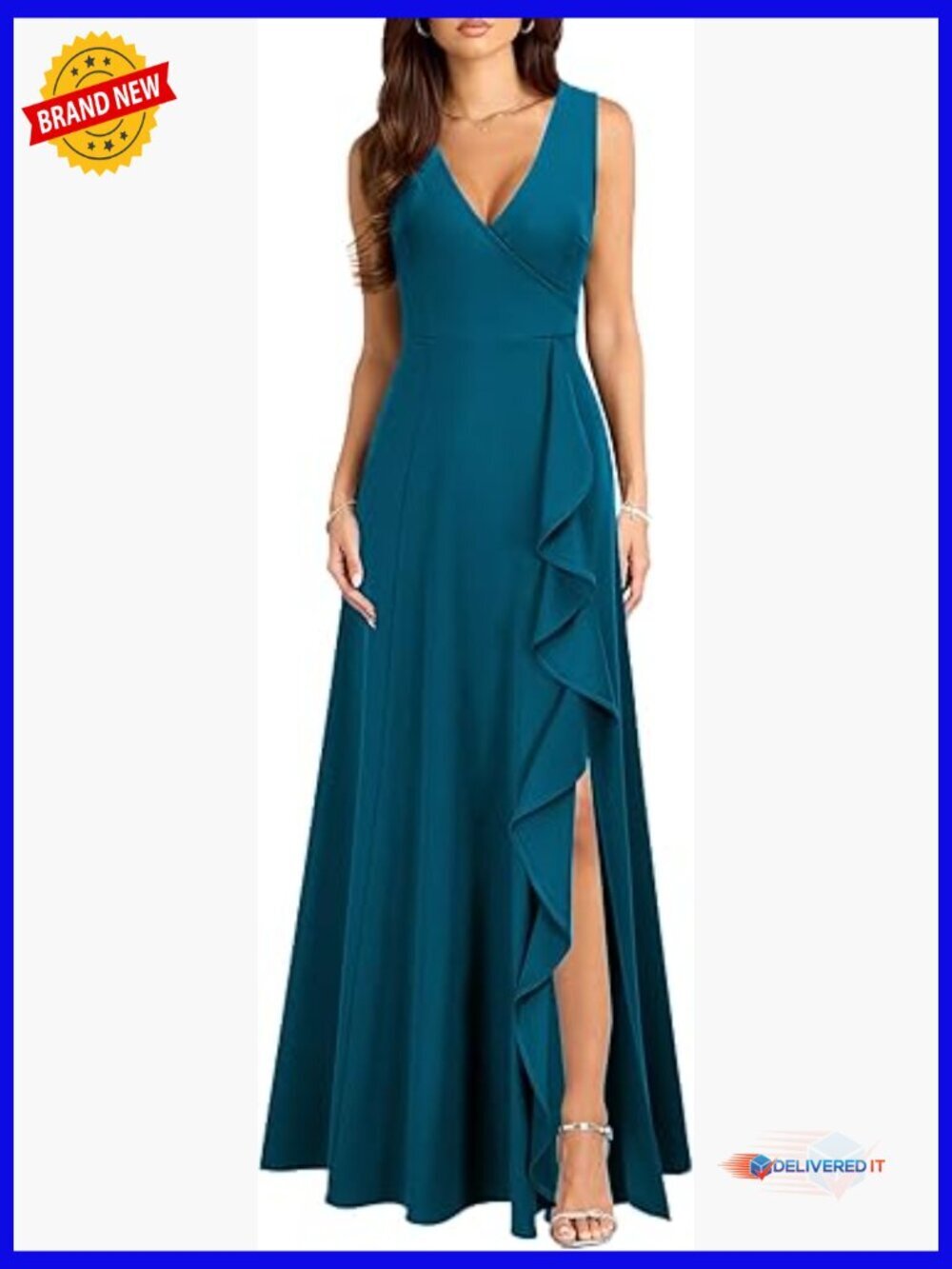 V-Neck Ruffle Formal Dress with Pockets, Slim Fit, Floor Length